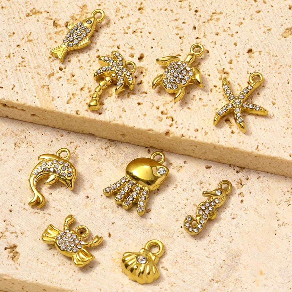 3pcs/Lot Stainless Steel Rhinestone Shell Starfish Crab Pendant Seahorse Dolphin Turtle DIY Charms Necklace Making Women Jewelry