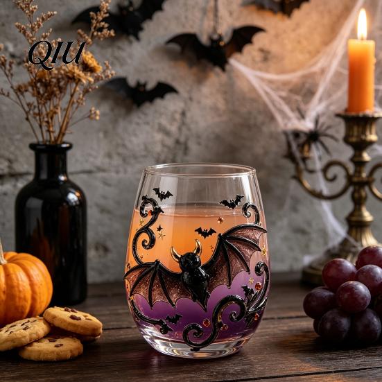 Totenkopf Design Dekorative Tasse Halloween Handwerkskunst Glaswaren, Fledermaus/Zaubererhut/Vogelscheuche/Krähe Handbemalter Kelch, 420ml Bleifreies Transparentes Glas