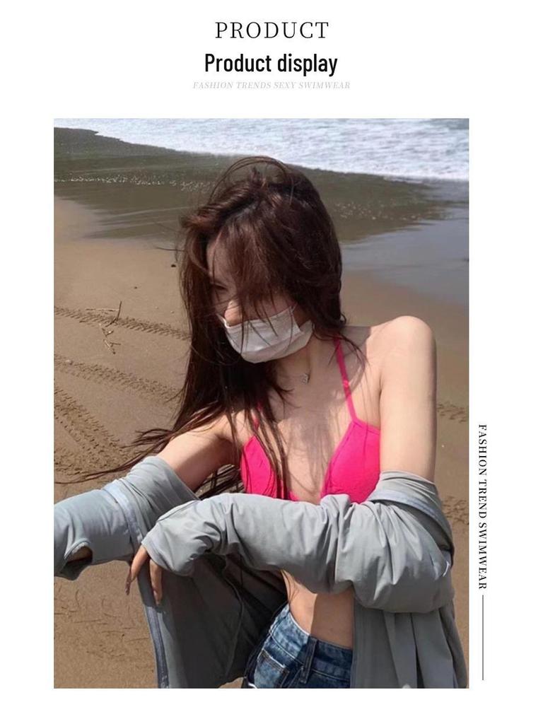 Rose Red Three-Piece Swimsuit Bikini with Underwire for Small Chest