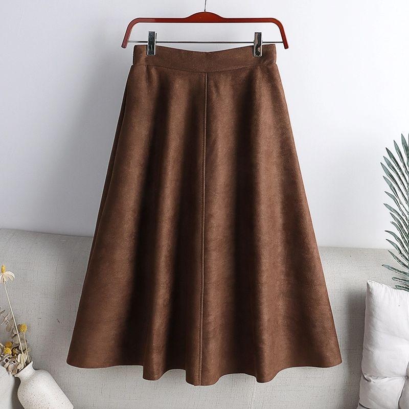 

Qooth Women s Suede Fabric Midi Skirt Vintage Flared A-Line Skirt with Wide Hem for Autumn Winter QT2252 F коричневый
