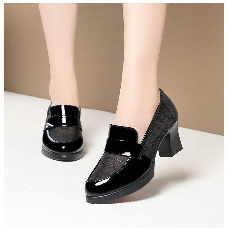 Summer Single Shoes High Heels Waterproof Table Thick Heel Mesh Breathable Leather Shoes