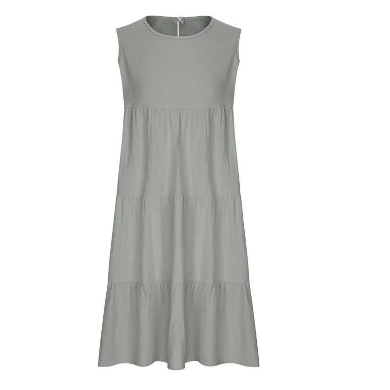 Plus-size Women's Sleeveless Patchwork Loose Round Neck Solid Color Dress