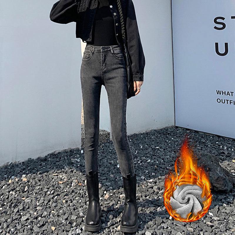 

High-Waisted Slim-Fit Velvet Jeans for Women: Thickened for Fall/Winter, Versatile, Fashionable, Stretchy, Warm, Black/Gray Pencil Style. Size 28