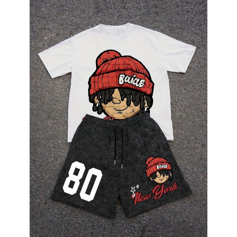 

Men s suit portrait 80 printed fashionable short-sleeved T-shirt + waistline beach shorts casual two-piece set S