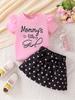 Two-piece Summer Girls' Small Children's Short-sleeved Letter-style Short-sleeved Top with Frills and Full-printed Pink Heart Skirt Fashion Set