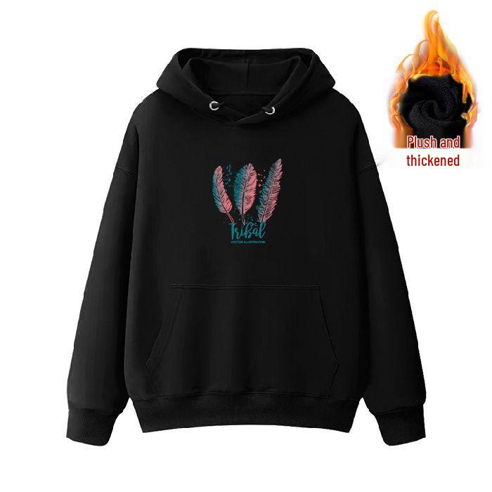 Women's Black Oversized Retro Hoodie - Fleece-Lined, Plus Size, Korean Style for Autumn/Winter