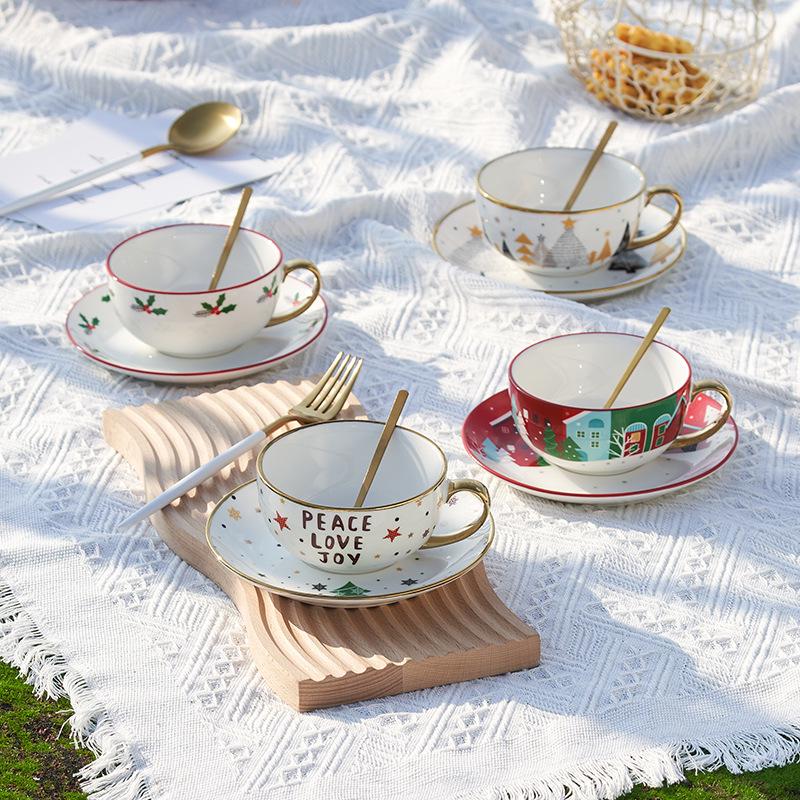 Christmas Gold-Plated Ceramic Tea Set: Special Edition Cup & Saucer Gift