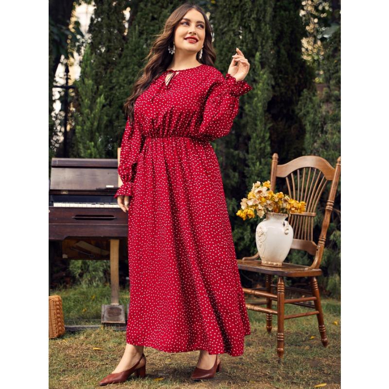 Jarné a jesenné dámske šaty nadmerných veľkostí s bodkovaným vzorom, voľné šaty s dlhým rukávom