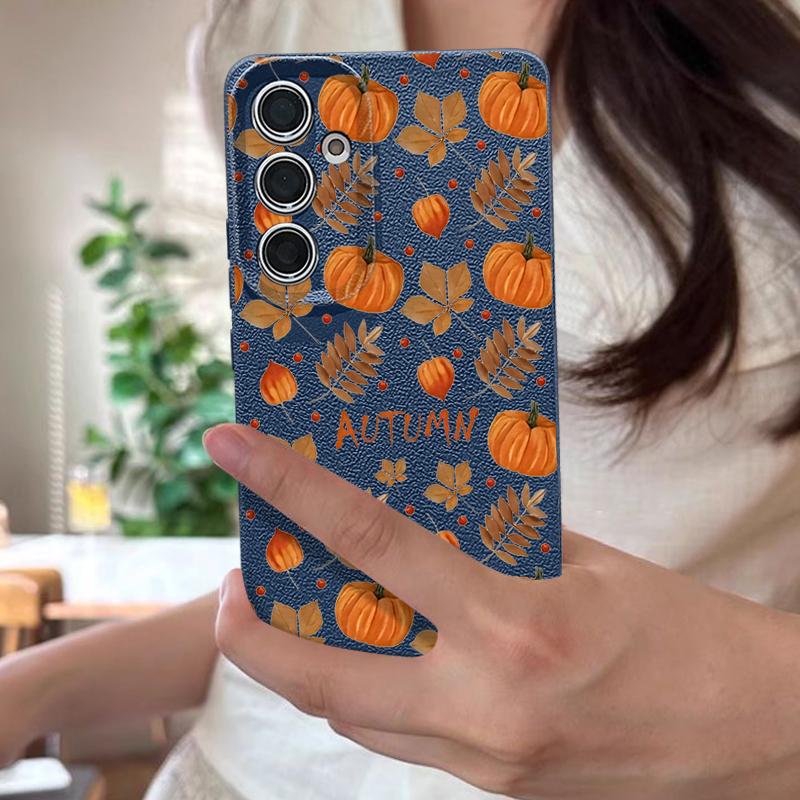 Herbst Kürbisdruck Handyhülle Für Samsung Galaxy S25 Edge S24 S25 FE S23 S22 Ultra A17 A56 A55 A54 A36 A15 A16 Silikon Ledertextur Cover
