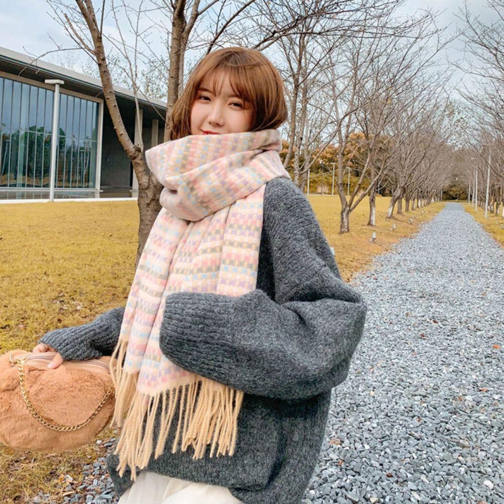 Winter Colorful Plaid Scarf Soft Cashmere Shawl Wrap Elegant Long Tassel Scarves Women