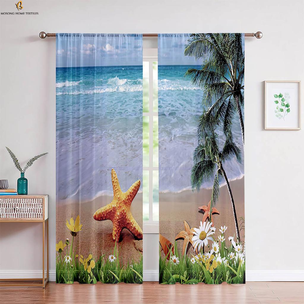 Set Of 2 Window Curtains Seaside Scenery Coconut Tree Printing Bedroom Living Room Kitchen Decorative Curtain Polyester Perfect For Sitting