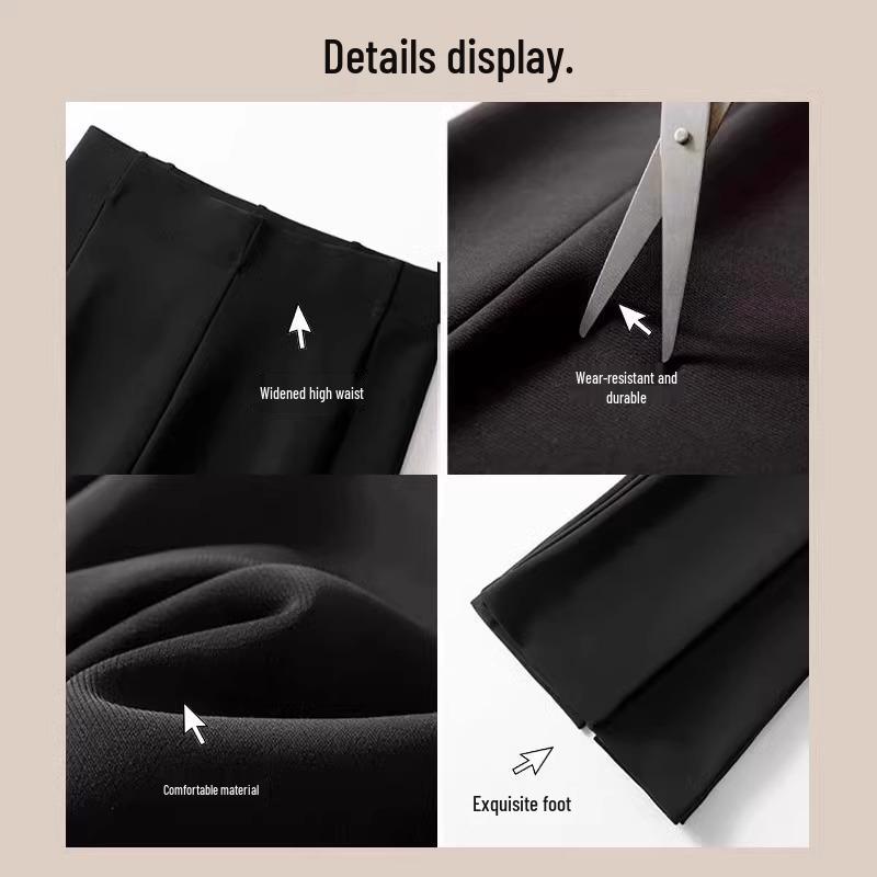 Women's Petite High-Waisted Black Micro-Flared Drape Slimming Split Trousers for Spring/Autumn