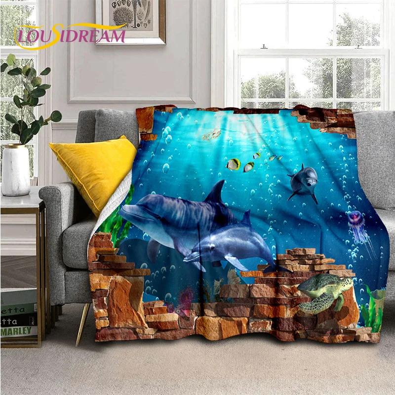 Underwater World 3D Illusion Seabed Cartoon Shark Dolphin Blanket,Soft Throw Blanket for Home Bedroom Bed Sofa Travel Cover Kids