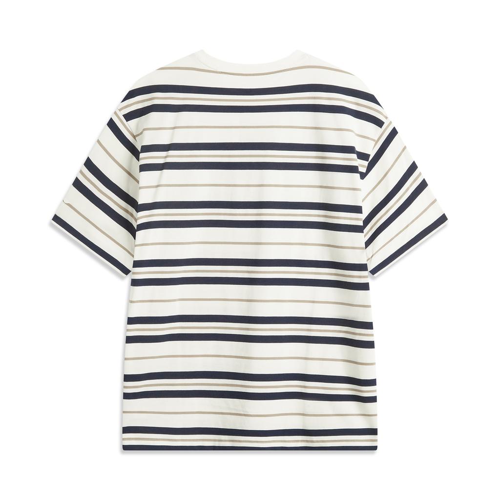 Li-Ning Casual Striped Round Neck T-Shirt Men Tops Deep-Navy-Blue Cream ATSV515-5