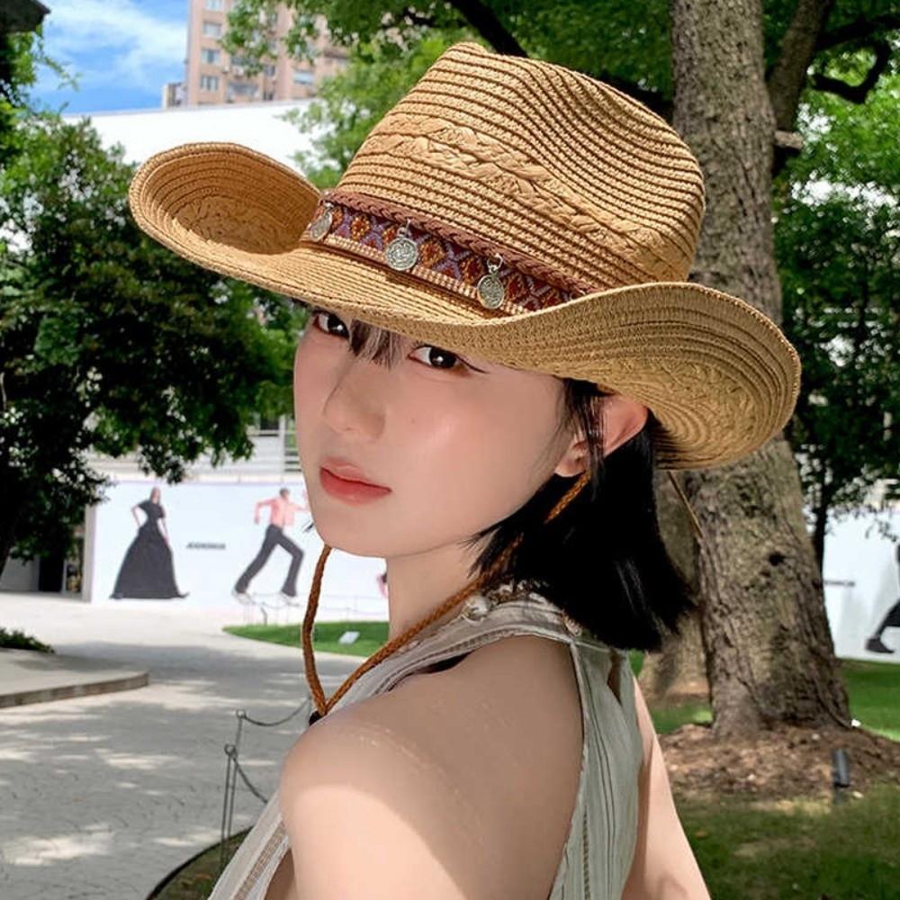 with Wind Lanyard Straw Cowboy Hat Wide Brim Panama Sun Hat Fashion Beach Hat Vacation