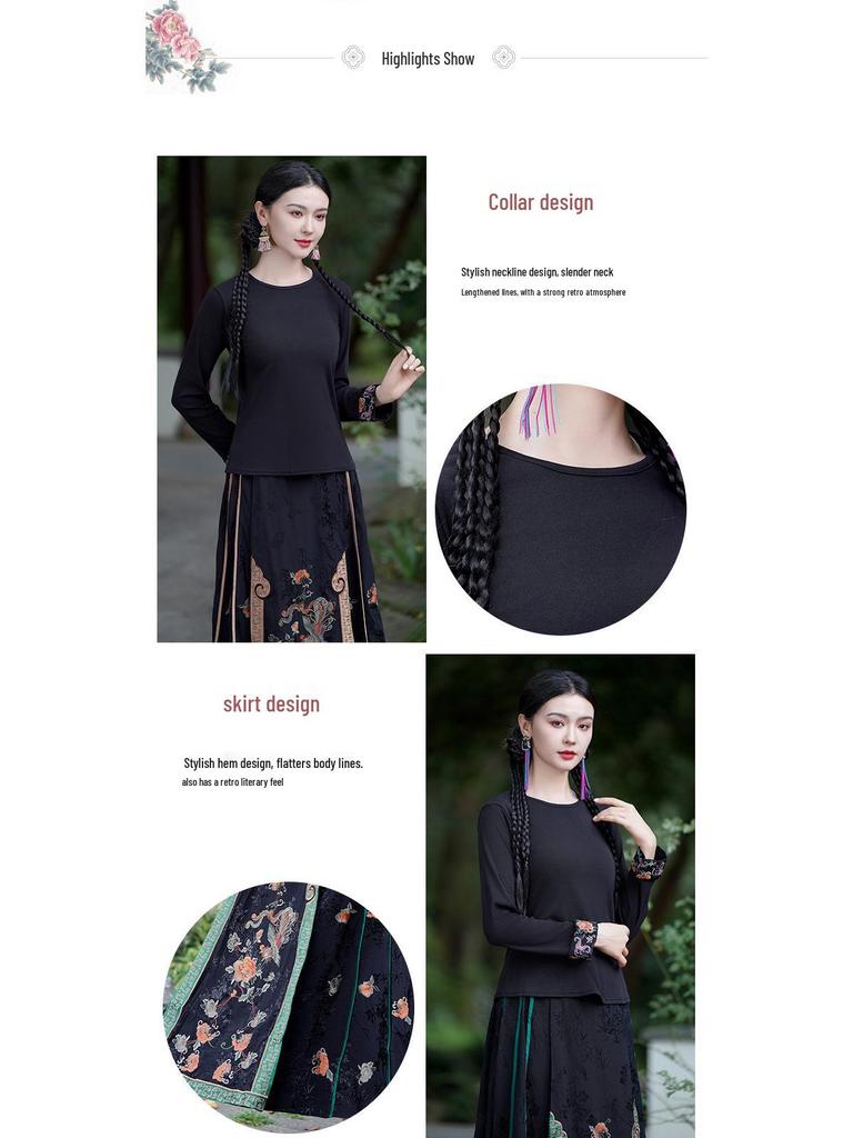 2024 Autumn Ethnic Women's Slimming Embroidered Round Neck Long Sleeve T-shirt