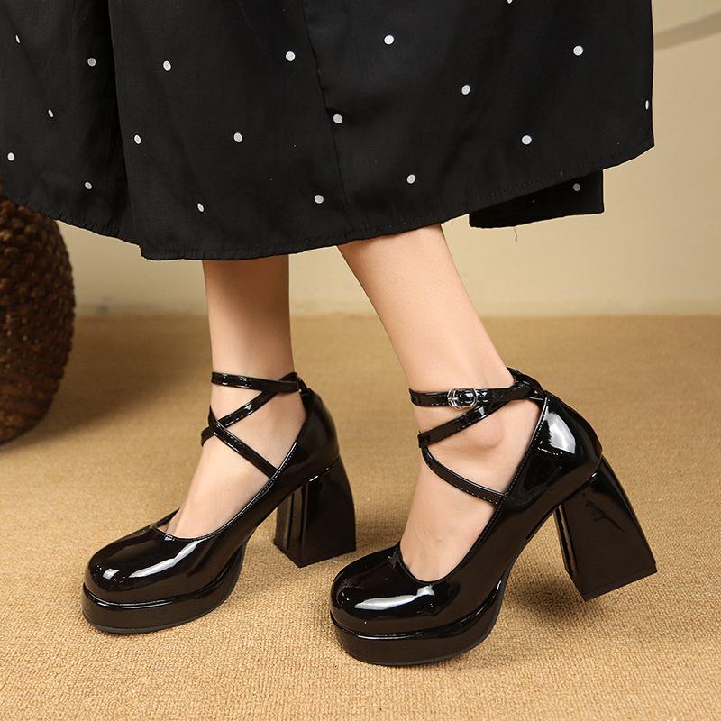 2025 Spring New Winding Belt High Heels Thick Heel Waterproof Table Single Shoes Japanese Casual Tide with Mary Jane Shoes Women