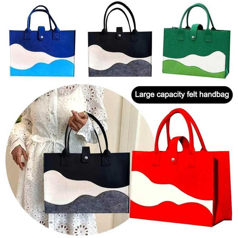 Reusable Felt Tote Bag Wavy Color Block Design Snap Closure Large Capacity for Picnic Shopping Office Commute