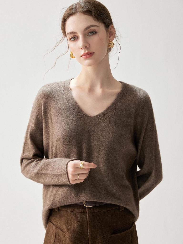 Autumn 2026 Women's Cashmere V-Neck Sweater – Elegant Solid Color, Rolled Hem, Loose Fit, Slimming, Warm Base Layer.