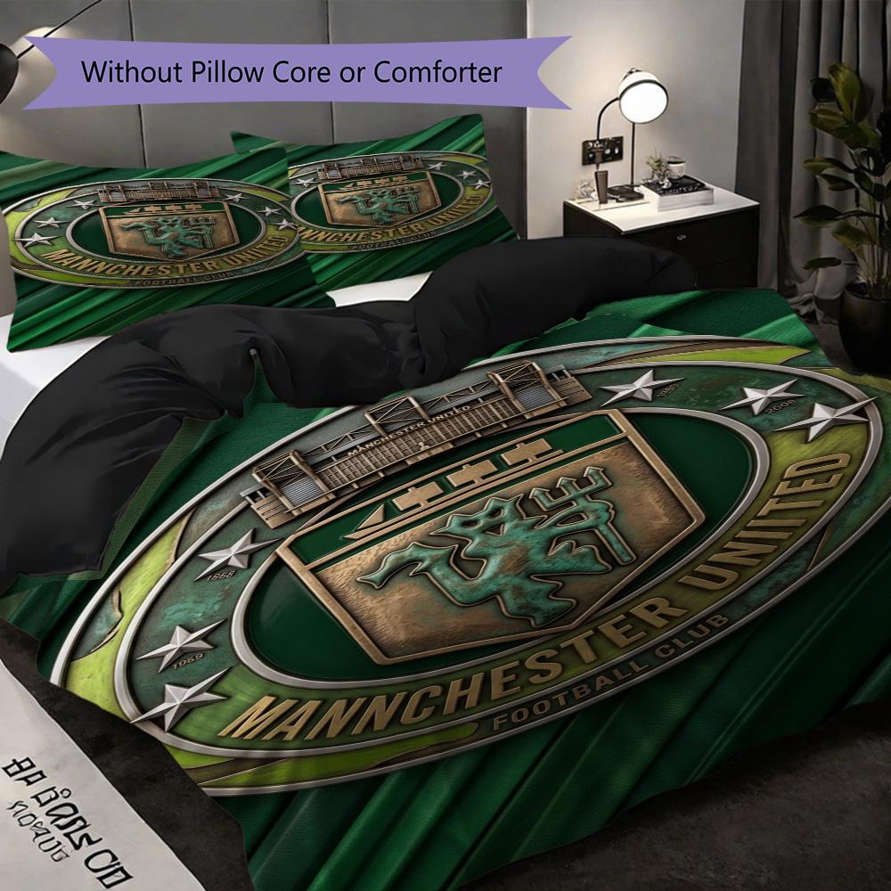 Manchester emblem purple background Bedding (1 * duvet cover + 2 * pillowcase, without core) 2D Flat Soft and comfortable Christmas birthday gift