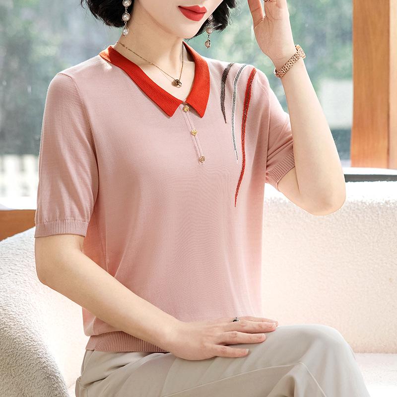 

Elegant Ice Silk Short-Sleeve Blouse - Age-Reducing Style for Middle-Aged Women 5XL (Recommended for 150-165 jin) красный