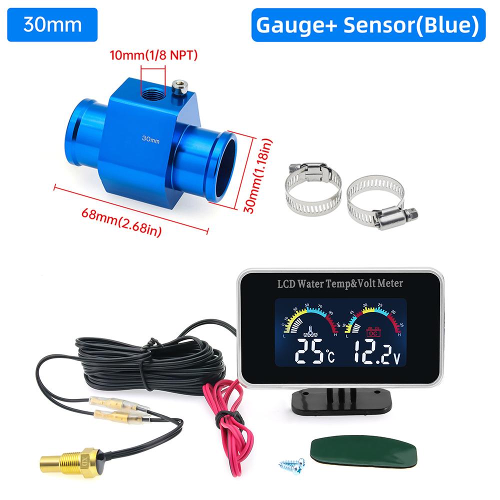 Digital 2 In 1 Water Temperature Meter Voltmeter Car LCD Water Temp Gauge Voltage Meter With 26~40mm Adapter (Option) 12V 24V