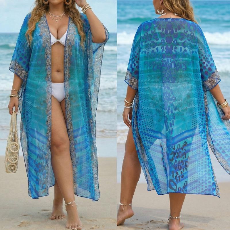 Spring Summer Women's Blue Print Chiffon Open Front Long Sleeve Kimono Cardigan Beach Cover Up