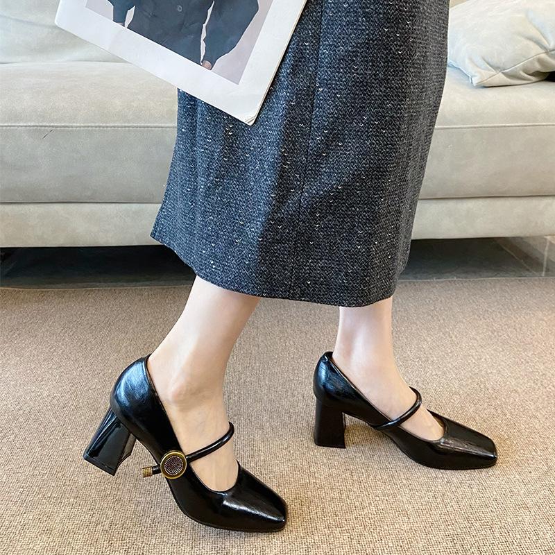 G6850-202 black single shoes women's 2025 new spring and summer thick heel French Mary Jane women's shoes with skirt