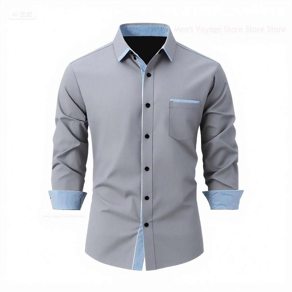 2025 Fashionable Men's Four-Way Stretch Men's Shirt Color Block Business Slim Long Sleeve High-End Shirt