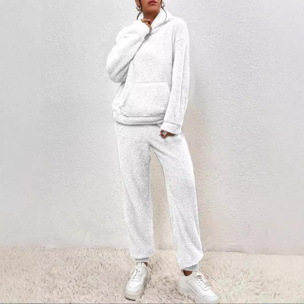 Fall Winter New Solid Fleece Hooded Long Sleeve Top & Pants Set, Casual Women's Outfit For Women