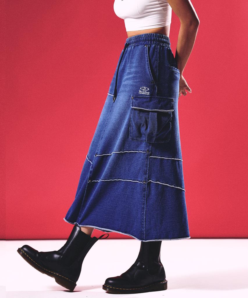 Travel Cargo Denim Maxi Sweat Skirt Light Blue