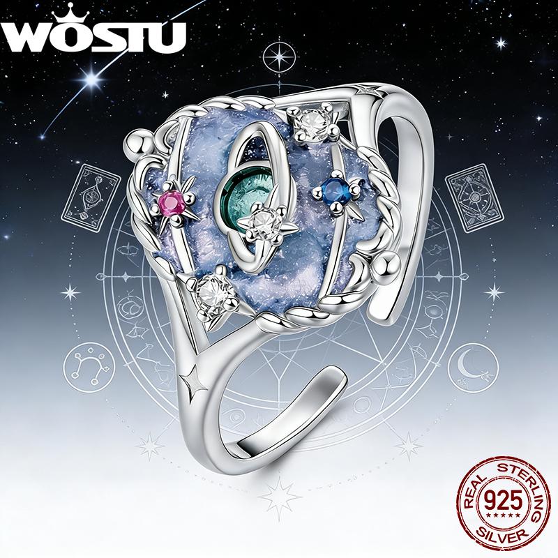 WOSTU 925 Sterling Silver Tarot Card 'The World' Ring For Women S925 Silver Adjustable Rings Mystical Jewelry Tarot Lovers Gift