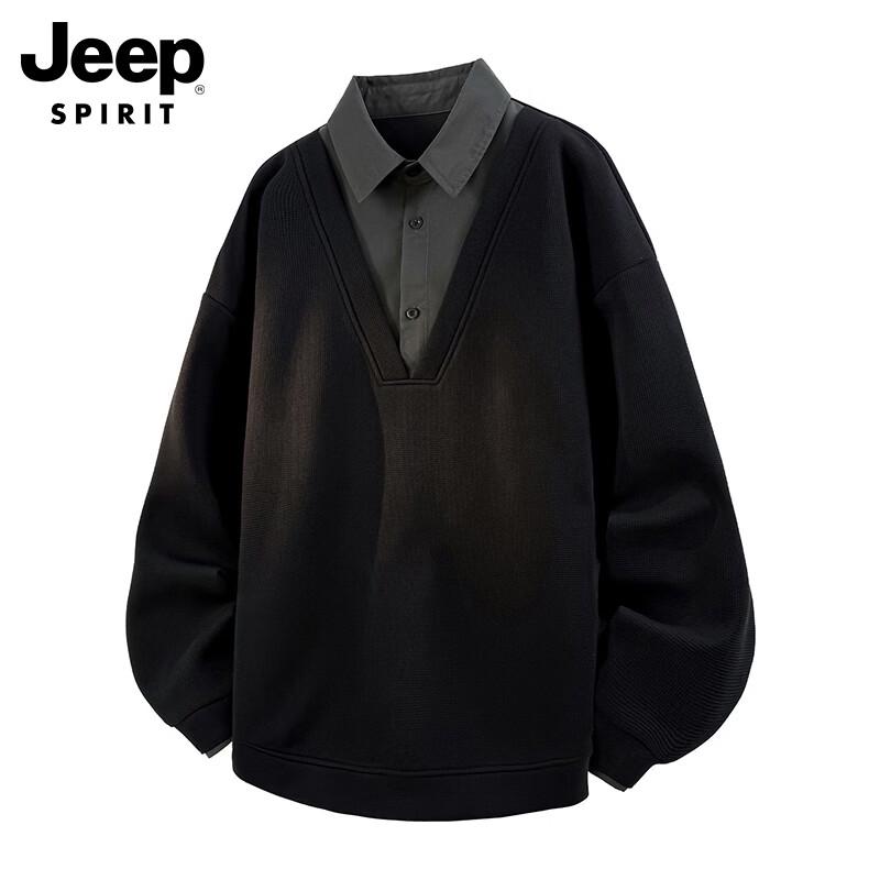 JEEP SPIRIT Men s Fake Two-Piece Long-Sleeve Polo Sweatshirt 4XL