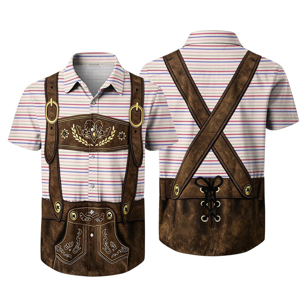 Men's Short Sleeve Button Up Shirt Casual Loose Fit Festival Party Shirt with Vintage Beer Elements Print and Faux Lederhosen Design