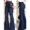 Ladies Deep Blue High Waist Bell Bottom Jeans Elastic Stretch Leg Lengthening Belted Waist