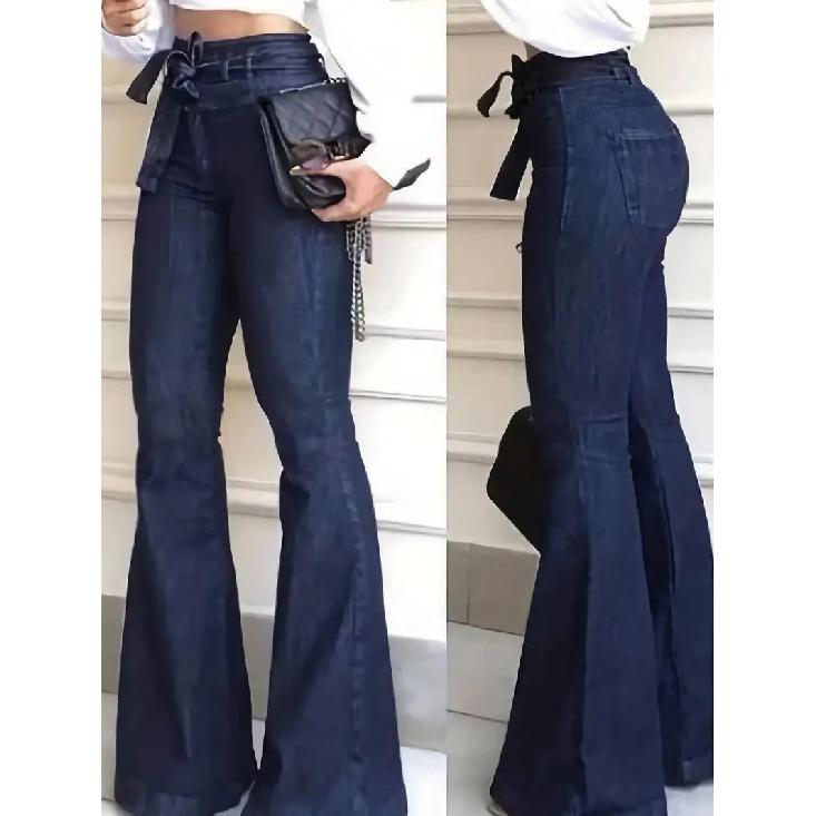 Ladies Deep Blue High Waist Bell Bottom Jeans Elastic Stretch Leg Lengthening Belted Waist