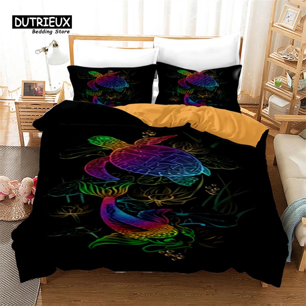 Exotic Turtle Duvet Cover Full King Microfiber Kawaii Sea Animal Comforter Cover Bohemia Tattoo Style Ocean Theme Bedding Set