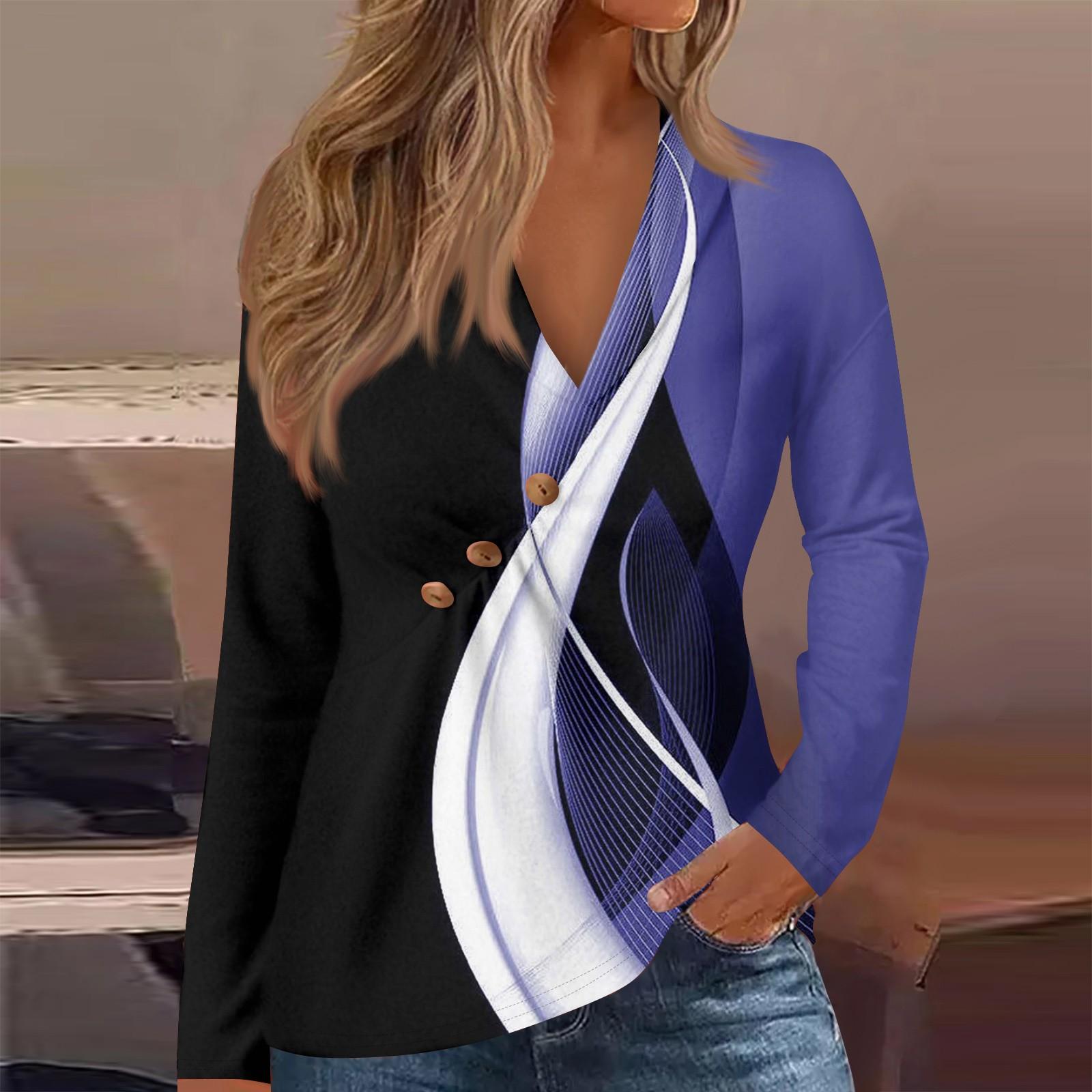 

Женская футболка с принтом, V-образным вырезом, пуговицами, оборками, длинными рукавами XL