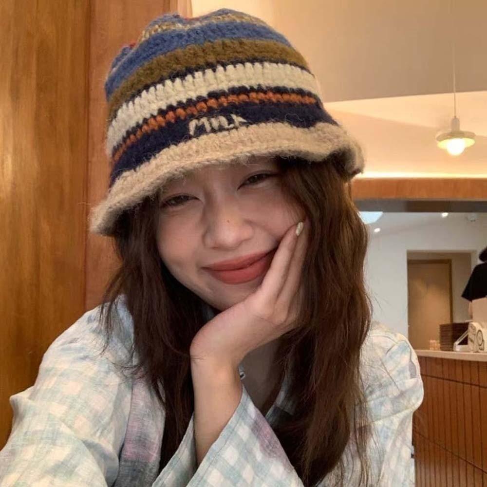 Warm Striped Fisherman Hat Anti-cold Woven Basin Cap Seaside Beach Cap Knitted Bucket Hat  Daily