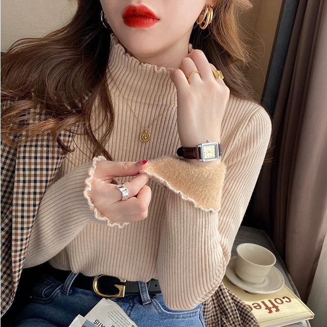 One-piece Fleece Fabric 2025 Autumn and Winter New Style Plus Velvet Thickened One-piece Fleece Women's Half-high Collar Bottoming Sweater