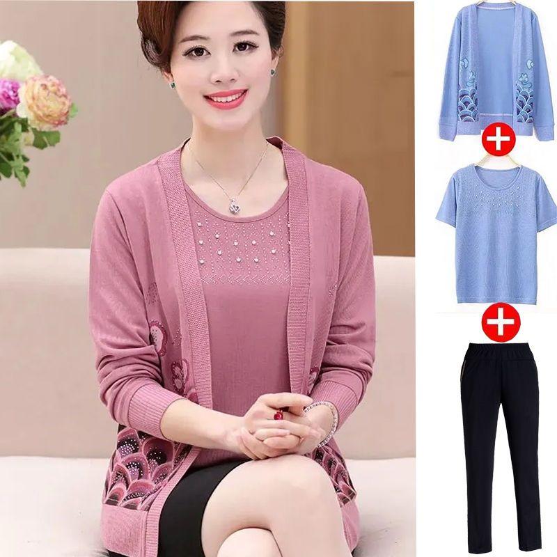 2PCS Spring/SummerAutumn Women's Knitted Cardigan Sweater + Short Sleeve Knitted T-Shirt Two Piece Set Plus Size Open-front Knitted Jacket