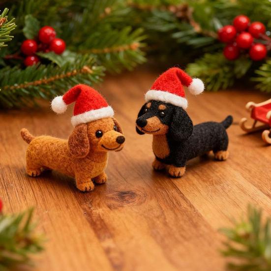 1/2Pcs Christmas Felt Dachshund Figurine Handcrafted Santa Hat Dog Ornament Simulation Puppy Statue Animal Sculpture Home Office Desktop Decoration