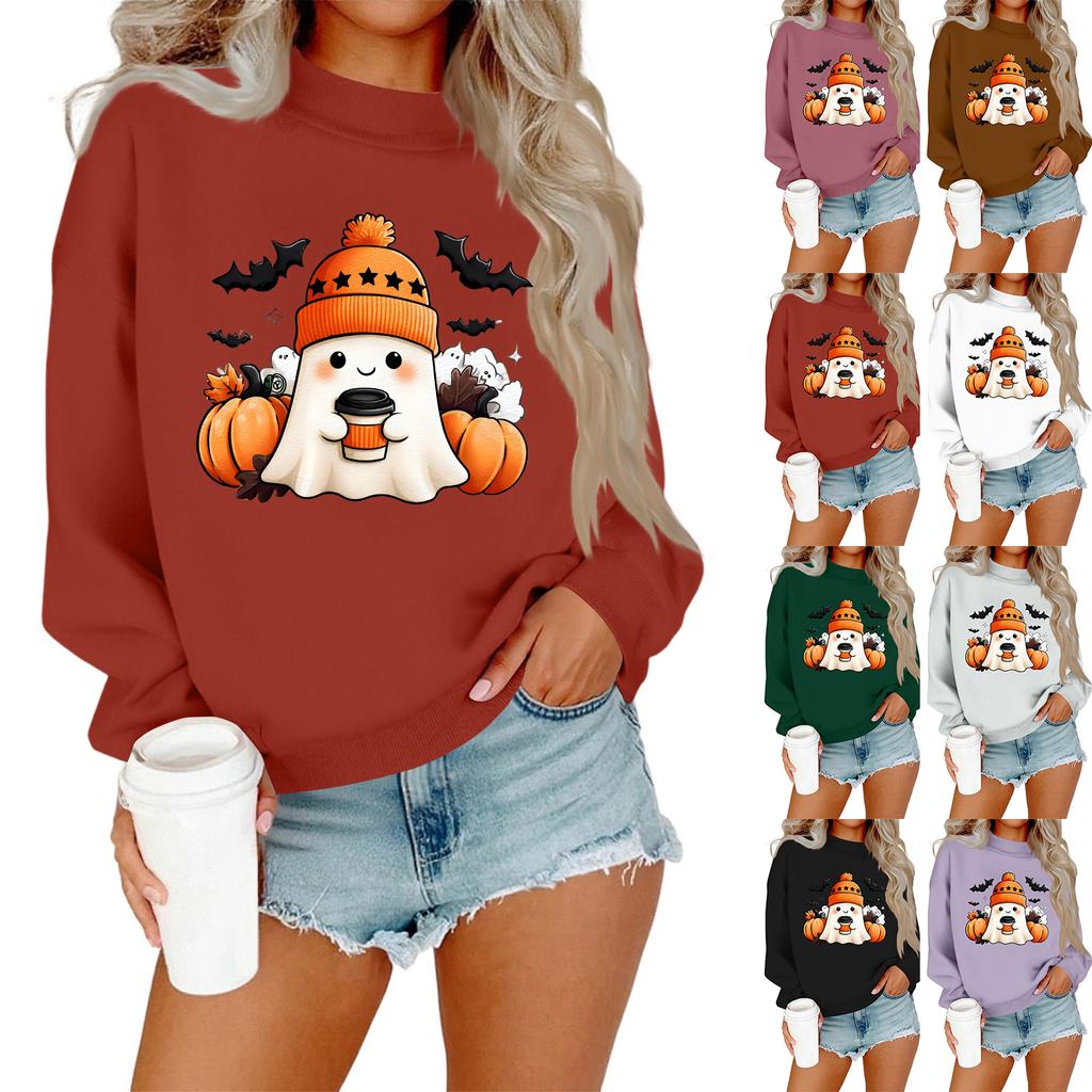 Women's Casual Fashion Round Neck Long Sleeve Halloween Printed Sweatshirt