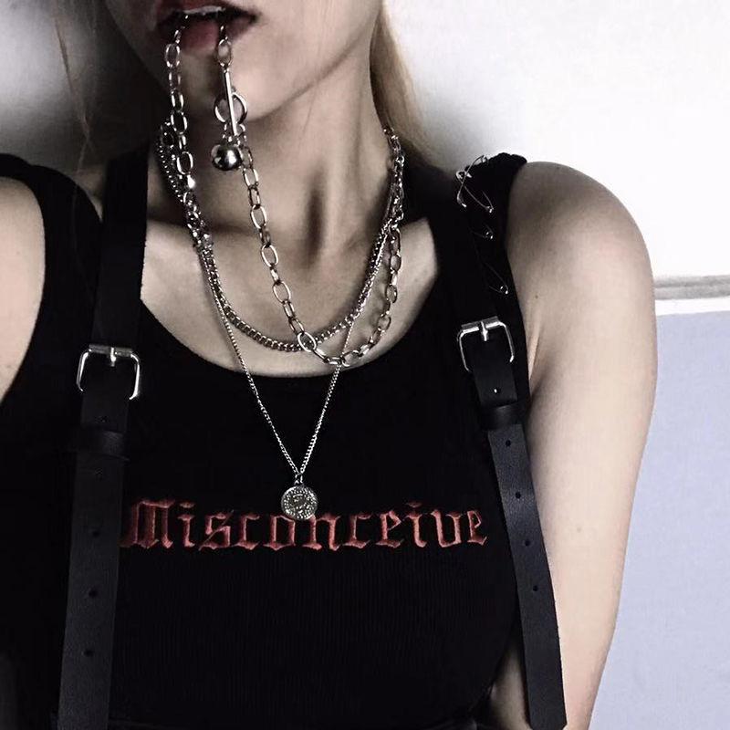 Cold Wind Three Layers Stacked Hip-hop Long Necklace Women's Versatile Coin Pendant Earth Cool Trend Accessories