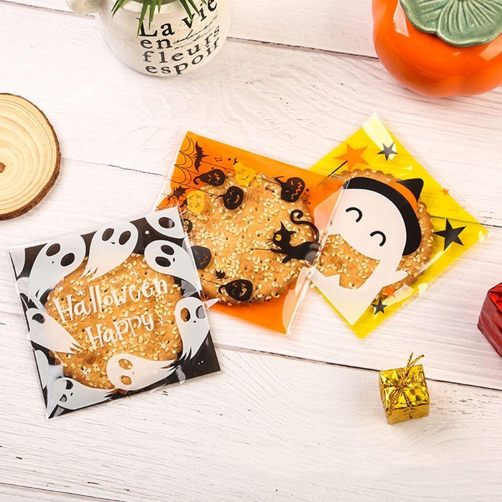 100Pcs Self-adhesive Trick or Treat Bags Plastic Candy Cookie Bags Halloween Candy Bags  Party