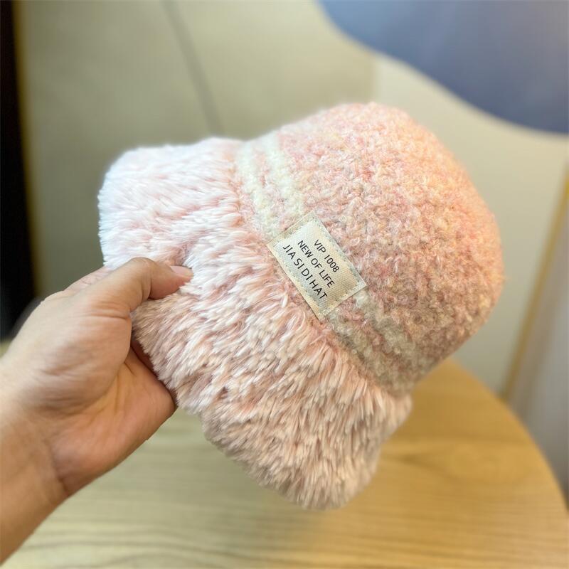 

Плюшевая вязаная панама в стиле пэчворк, женская осенне-зимняя, холодная и теплая, с защитой ушей, шляпа-ведро, шерстяная шляпа one size розовый