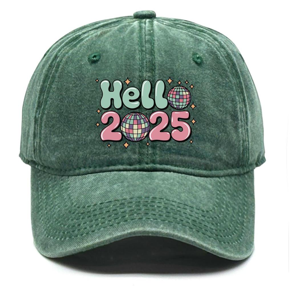 HELLO 2025" Disco Ball Print Snapback Sun Hat, Sports Hat Unisex Trendy Raw Brim Sunshade Adjustable Baseball Hat