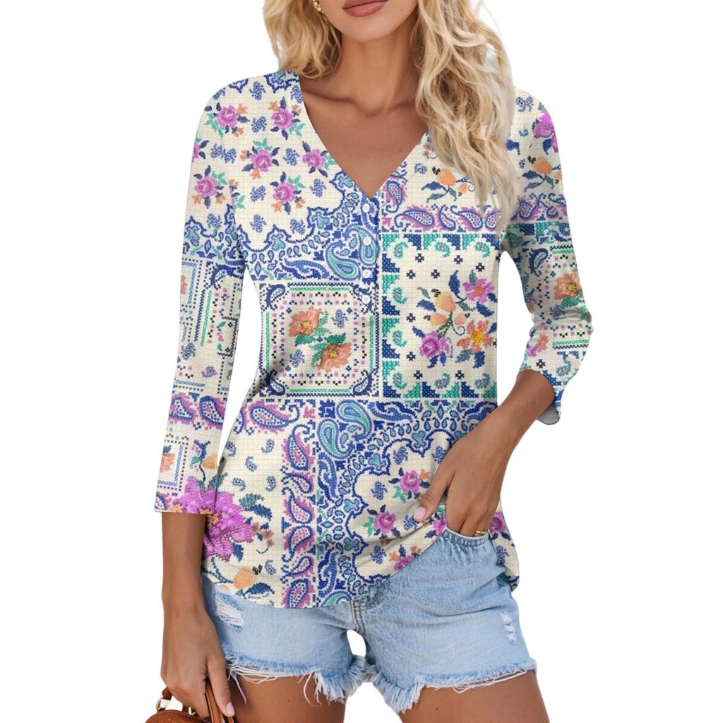 Damen Lässig Mode Sexy Bequem V-Ausschnitt Knopf Floral Dreiviertelarm Oberteil