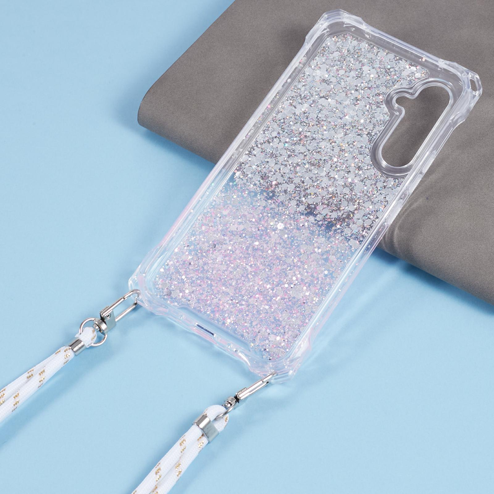 

For Samsung Galaxy A54 5G Wholesale Phone Cases TPU+Acrylic Gradient Color Cover with Strap Silver+Pink