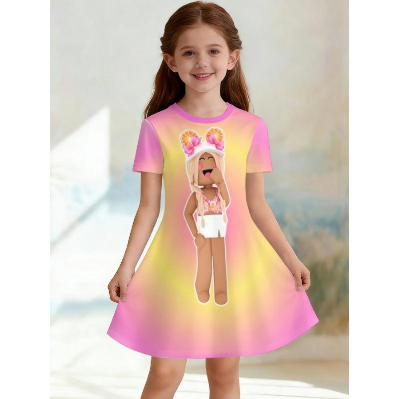 Girl Rainbow Princess Printed T-shirt Dress, White Casual Dress, Suitable for Children's Parties and Birthdays As A Gift